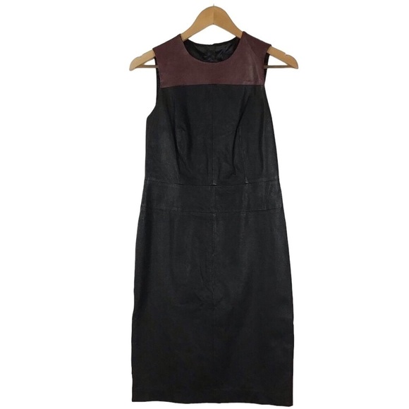 Genuine Leather sheath dress Tristan colorblock black &maroon size 2 power dress - Picture 3 of 16